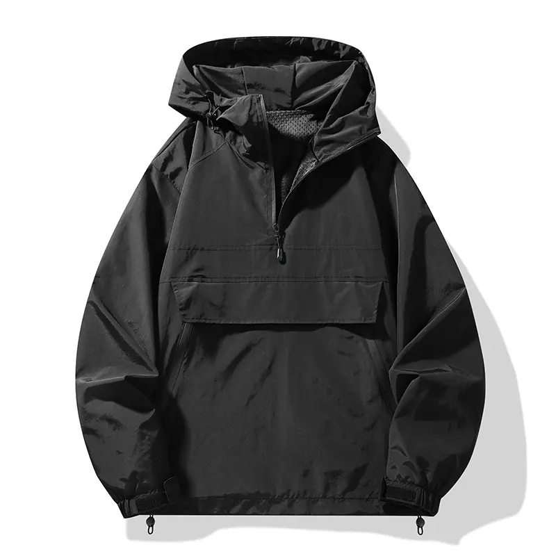 Men's Outdoor Coats, Hooded Softshell Half-Zip Pullover Jacket, Windproof Waterproof Menswear Workwear Tops, Half-Zip Front, Waterproof Hood backtoschool