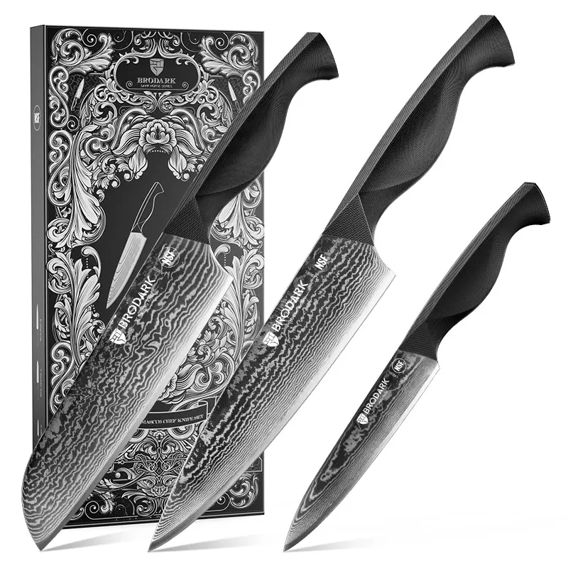 BRODARK Dark Horse Series 3-Piece Damascus Kitchen Knives Block Set - Sharp Carbon Steel ABS Handle Full-Tang Ergonomic Multi-Use Tools for Home, Outdoor Cooking