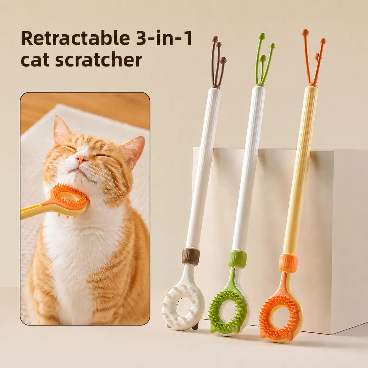3-in-1 Retractable Cat Massage Tool: Double-sided massage/scratching wand and interactive teaser wand for indoor cats; features a gentle pet grooming brush; battery-free.