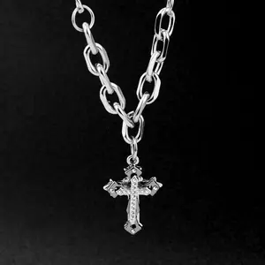 Silver Cross Necklace for Men Women, Vintage Chunky Chain Cross Pendant Necklace, Gothic Christian Jesus Necklace, 54CM No Extender Fashion Jewelry Gift