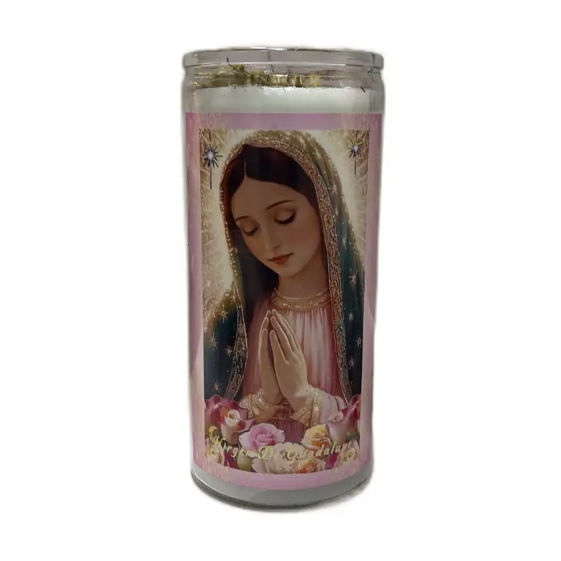 Virgin of Guadalupe  14 dat Candle ️ Crafted with love in a soft pink tone, decorated with herbs and a rose quartz crystal for added blessings. Perfect for prayers, protection, and devotion to Our Lady, while also being a stylish piece for your alt