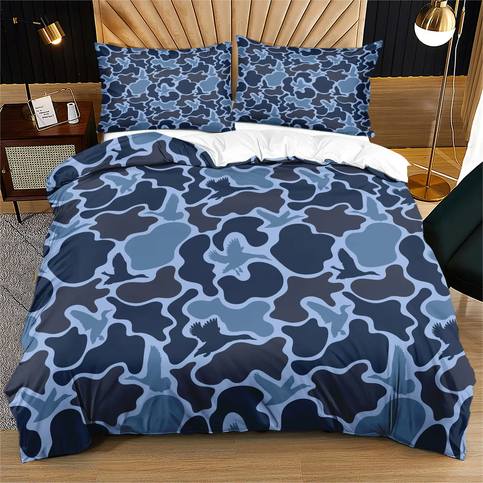 Blue Tone Camo Duck Hunting Theme Duvet Cover Set & 1-2 Pillowcases No Core, Deep & Light Blue Camouflage with Duck Silhouette Pattern, Soft Skin-Friendly Bedding, Industrial Style Bedroom Decor, Gift Choice