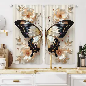 2-Piece Butterfly Pattern Home Textile Window Decorations, Digital Print Curtains with Rod Design, Privacy Protection for Bedroom Living Room Kitchen