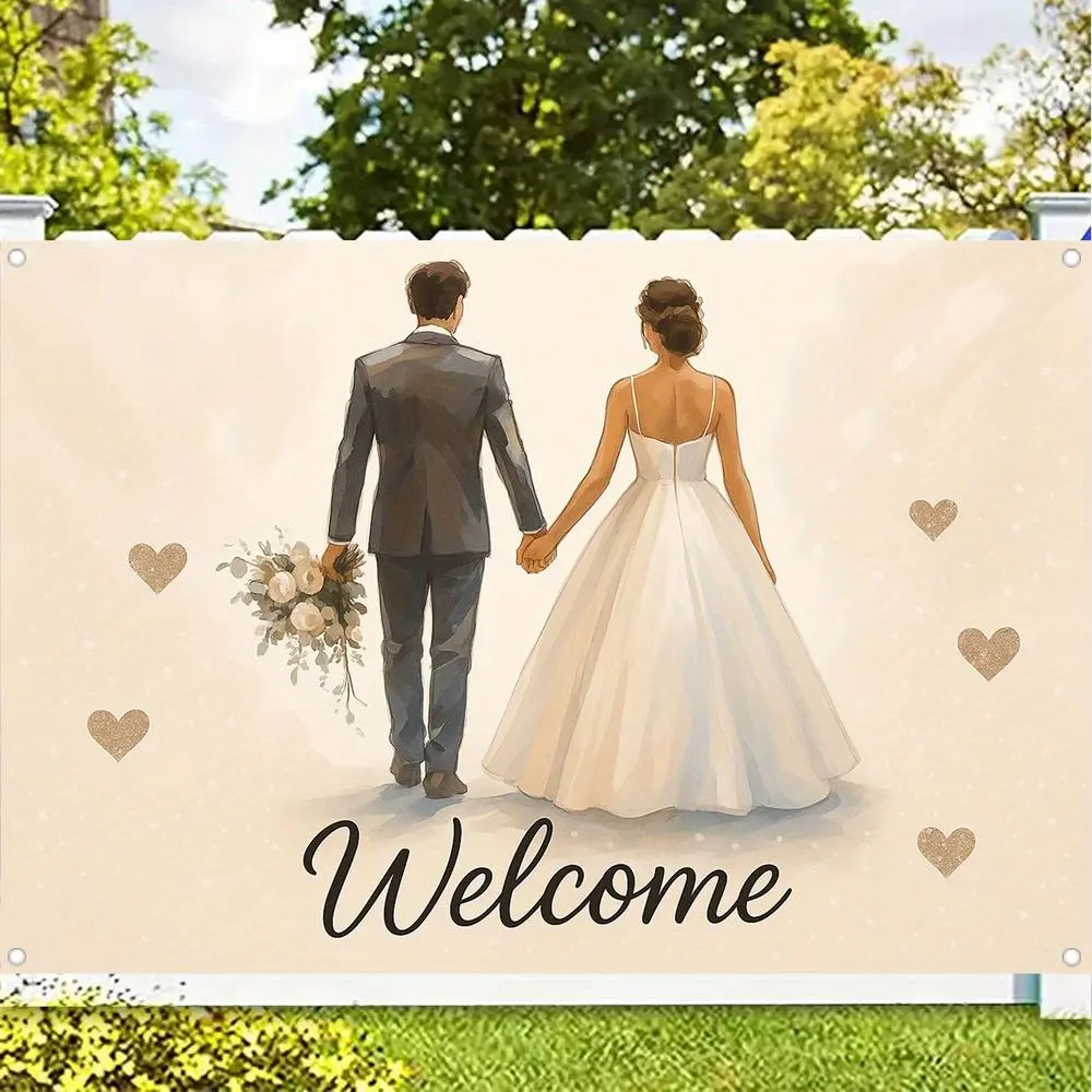 1pc Durable Polyester 2D Flat Wedding Welcome Banner - Mr & Mrs Bride & Groom Design with Floral Print, Hearts, Party Decoration Supplies, Birthday Standing Banner for Bridal Showers, Photo Booth