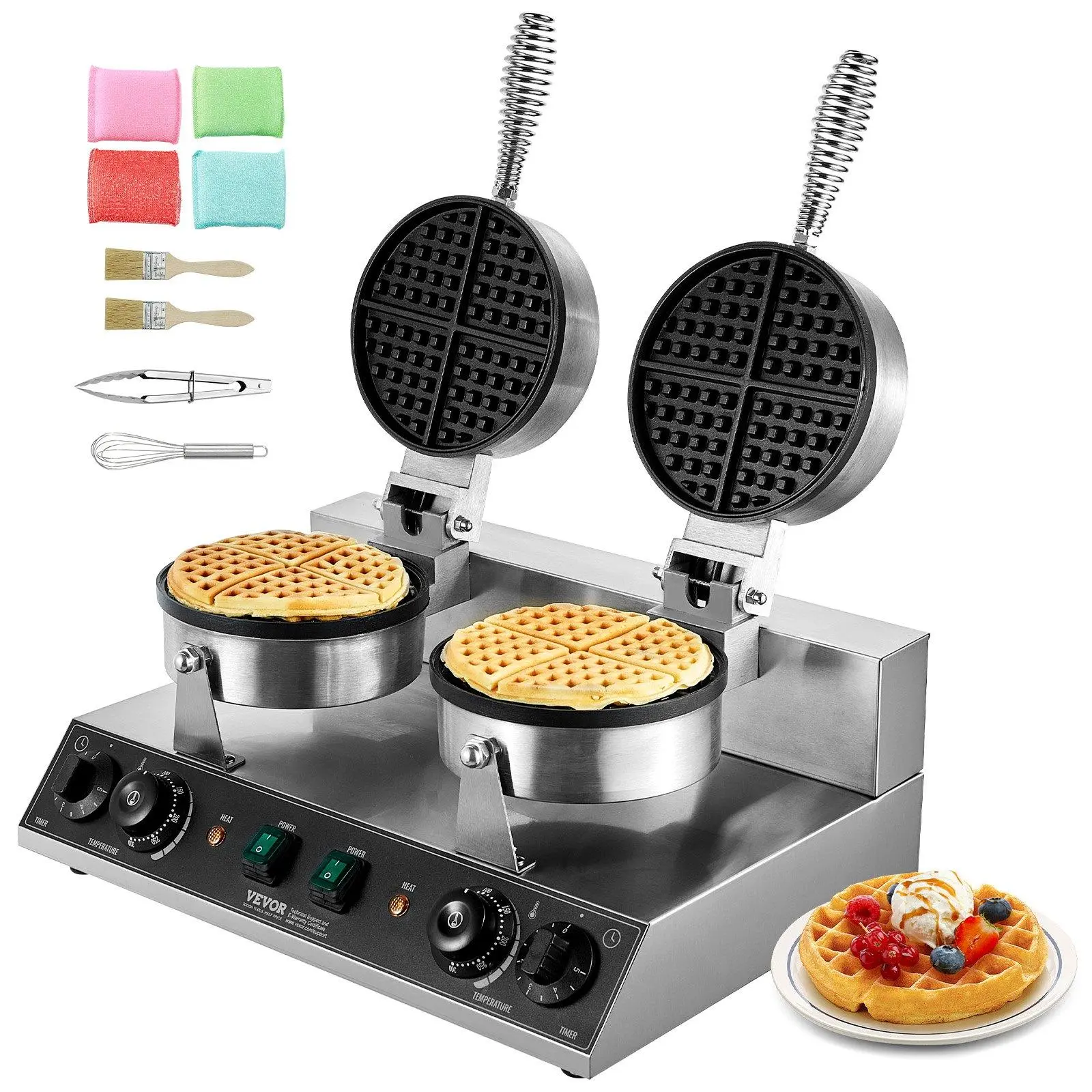VEVOR Commercial Belgian Waffle Maker, Dual-Head Round Electric Kitchen Appliance, 2460W Non-Stick, Dual-Side Heating, Non-Slip Rubber Ft, Spill Channels, Father's Day Gift for Summer Use,home essentials