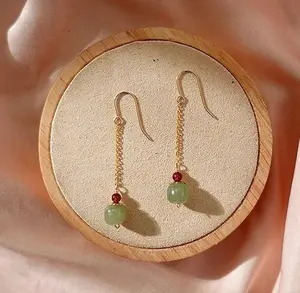 Natural Hetian Jade Earrings, Long Drop Nephrite Earrings