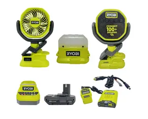 3 Tool Camping Kit with 18 Volt LED Area Light, Clamp Fan, Bluetooth Speaker, Power Inverter, Battery & Charger