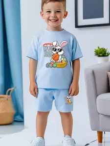 Cool Sunglasses Rabbit Basketball Set, Easter Egg Fun Kids Graphic Print Set Short Sleeve Shorts, Casual All Seasons