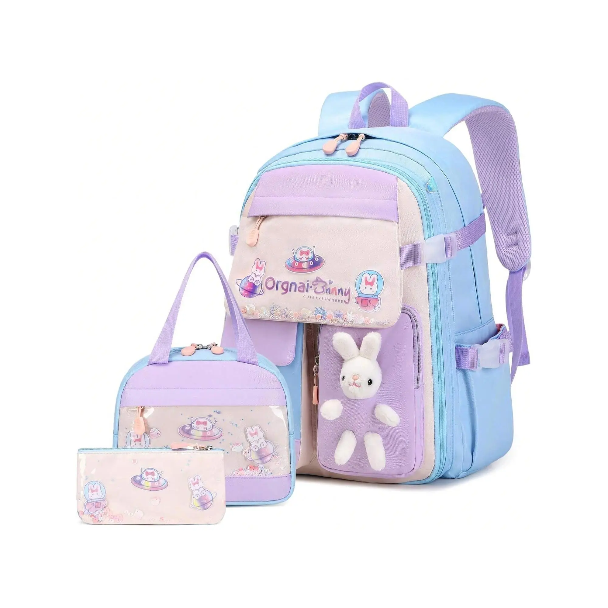 Girls' 3-Piece Sequin Bunny Backpack Set, Kawaii Plush School Bag with Insulated Lunch Box, Lightweight Waterproof Nylon Daypack for Kids