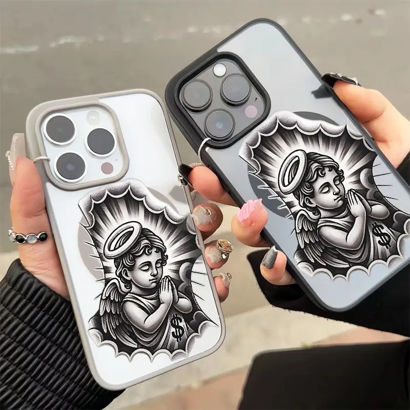 Chicano Tattoo Style Praying Cherub Aesthetic Case For iphone 17 16 15 14 13 12 11 X XS PRO PLUS MAX AIR Transparent Tpu Soft Shell Smartphone PhoneCases Wild Pattern Fashion Ideal Birthday Gift Tough Artistic Cat tempered screen protector ME1