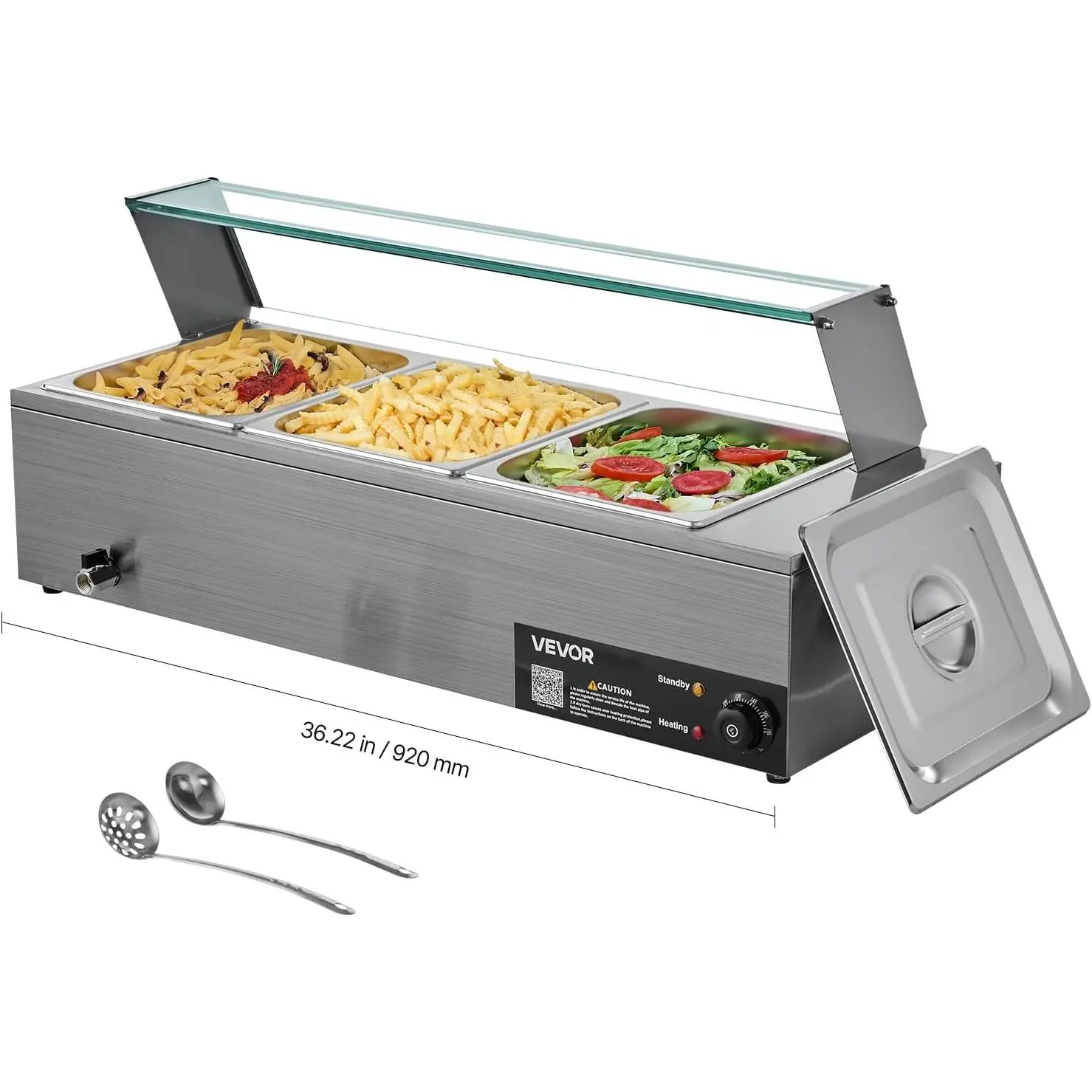 VEVOR Commercial 3-Pan Electric Food Warmer, 1500W Stainless Steel Steam Warmer with Glass Cover, Countertop Bain Marie with Soup & Perforated Ladles, 86°F-185°F Fast Even Heating Large Space Combo with Smart Stop, for Catering & Restaurant