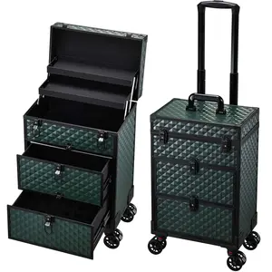 Rolling Makeup Train Case with Wheels 2 Large Drawers Cosmetology Case on Wheels Nail Organizer Box Traveling Trolley Salon Cart Trunk