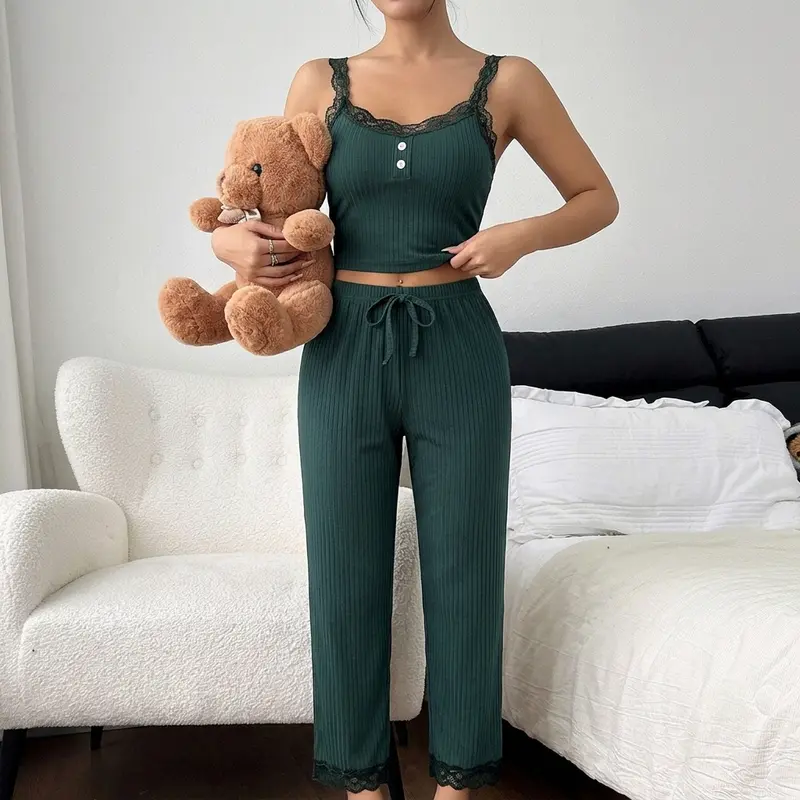 Lace trimmed casual camisole suit, round neck camisole top and loose comfortable home tie pants, women's loungewear and pajamas, Homewear, Nightwear