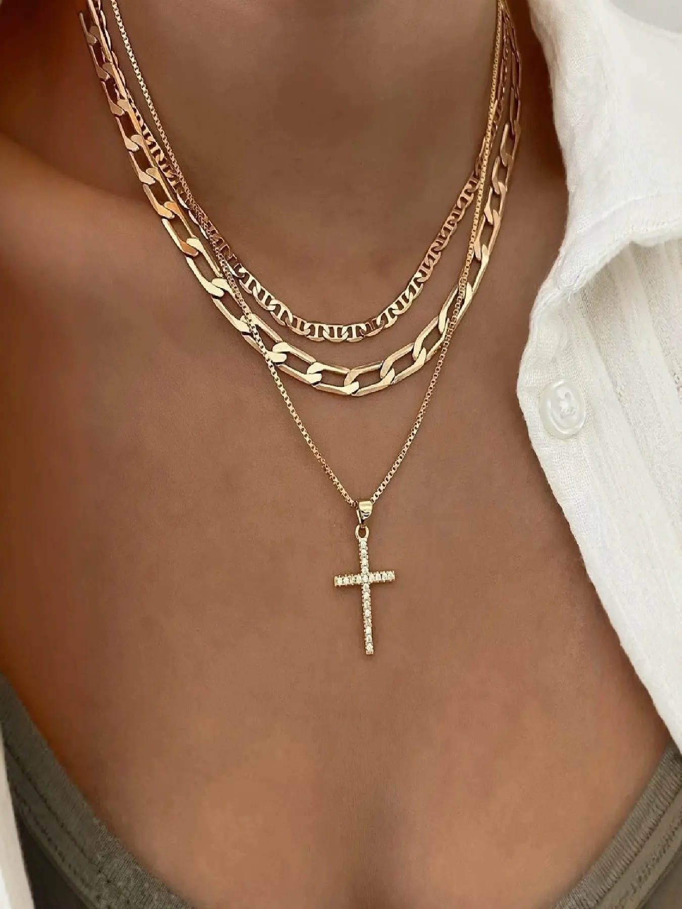 3pcs/Set Gold Alloy Wire Chain, Cuban  Chain & Cross Charm Multi-Layer Necklace, Cuban Link Necklace, Faith Necklace, Cuban Link Design