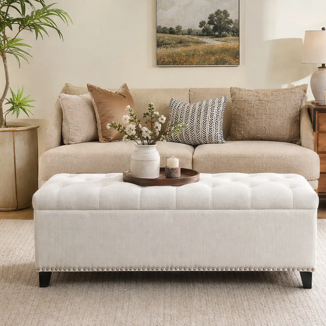 47.5" Storage Ottoman Bench with Safety Close Hinge, Linen Button-Tufted Foot Rest Stool, Large Hidden Storage Box for Living Room Entryway Hallway Bedroom, Beige Teddy Fabric, Supports 500lbs, Beige Color Options, Plywood Material