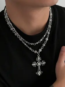 2pcs Men's Hip Hop Cross Necklace, Personalized Rhinestone Cross Pendant, Collarbone Chain, Unisex Vintage Appeal Jewelry Gift