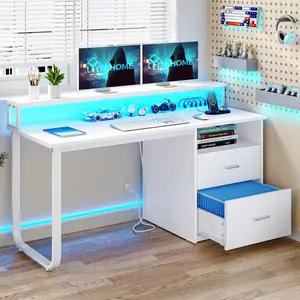 DWVO Computer Desk with Drawers, 55" Office Desk with Power Outlets & LED Light, Home Office Desk with Storage Shelves