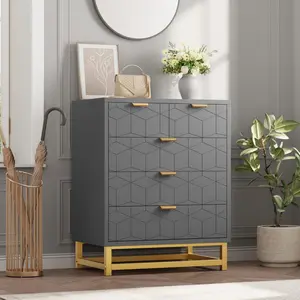 Garvee 5 Drawer Grey Wooden Dresser with Gold Handles - Modern Storage Chest for Bedroom, Hallway, and Entryway