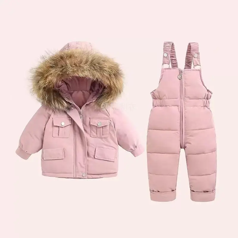 Girls Winter Snowsuit, 2-Piece Hooded Long Sleeve Skiwear Set for Toddlers, Solid Thick Warm Nylon Jacket and Pants, Polyester