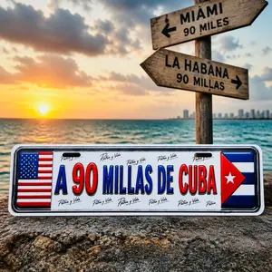 European-Style Car Number Plate Decor Sign, 14x4 In, "A 90 Millas de Cuba" Design with USA-Cuba Flags, Automotive Exterior Decor Signs
