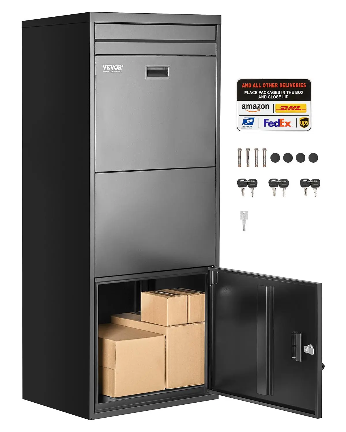 【Summerfinds】VEVOR Package Delivery Boxes for Outside,47.2 in Mailbox for Parcel with LockGalvanized Steel Package Drop Box with Anti-Theft DesignWeather-Resistant Package Mailbox for Home and OfficeBlack
