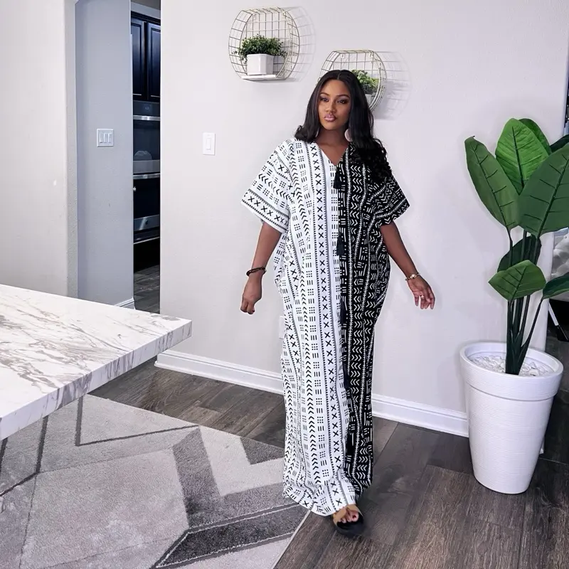 Two Toned Ankara Bubu Dress Stylish African Print Maxi Dress for Women Pure Cotton Tarsels V Neckline Side Pockets One Size Fit