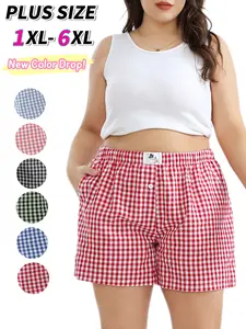 COOTRY【Plus Size】Women's Plaid Print Patched Elastic Waist Shorts, Gingham Boxer Shorts, Checkerboard Print Shorts,Casual Comfy Straight Leg Shorts for Summer,Ladies Bottoms for Daily Wear| Plus Size Fashion|Hide Belly Shorts|Flattering Fit