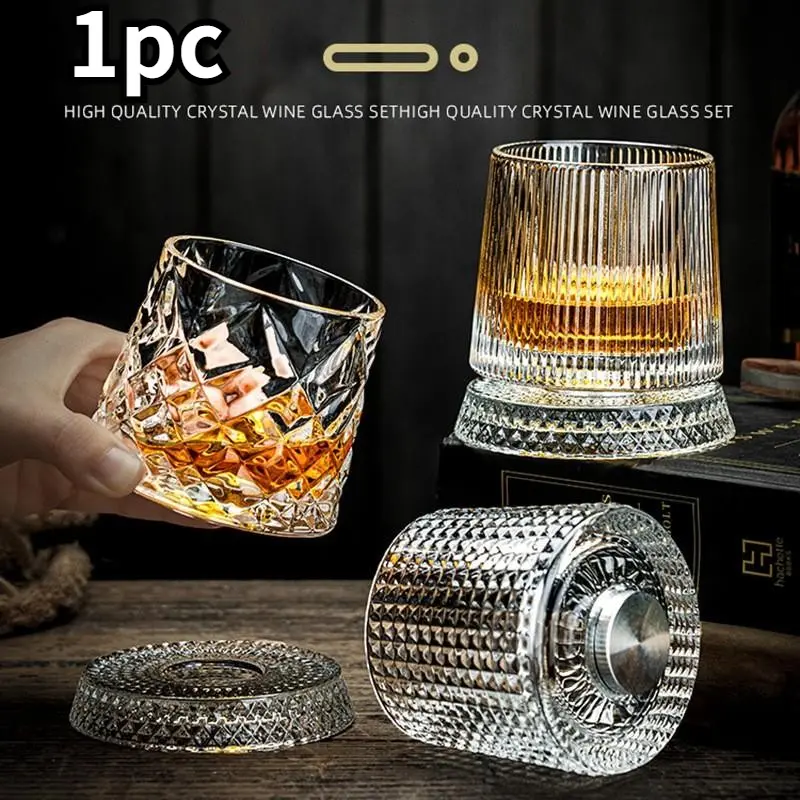 360° Rotating Whisky Glass with Rotating Base, Ice Crystal Glass for Scotch Whisky, Bourbon, Brandy, Bourbon Drinking Glass, Reusable Whiskey Glass Gift for Men, Women, Home Bars, All Occasions (Hand Wash Only)