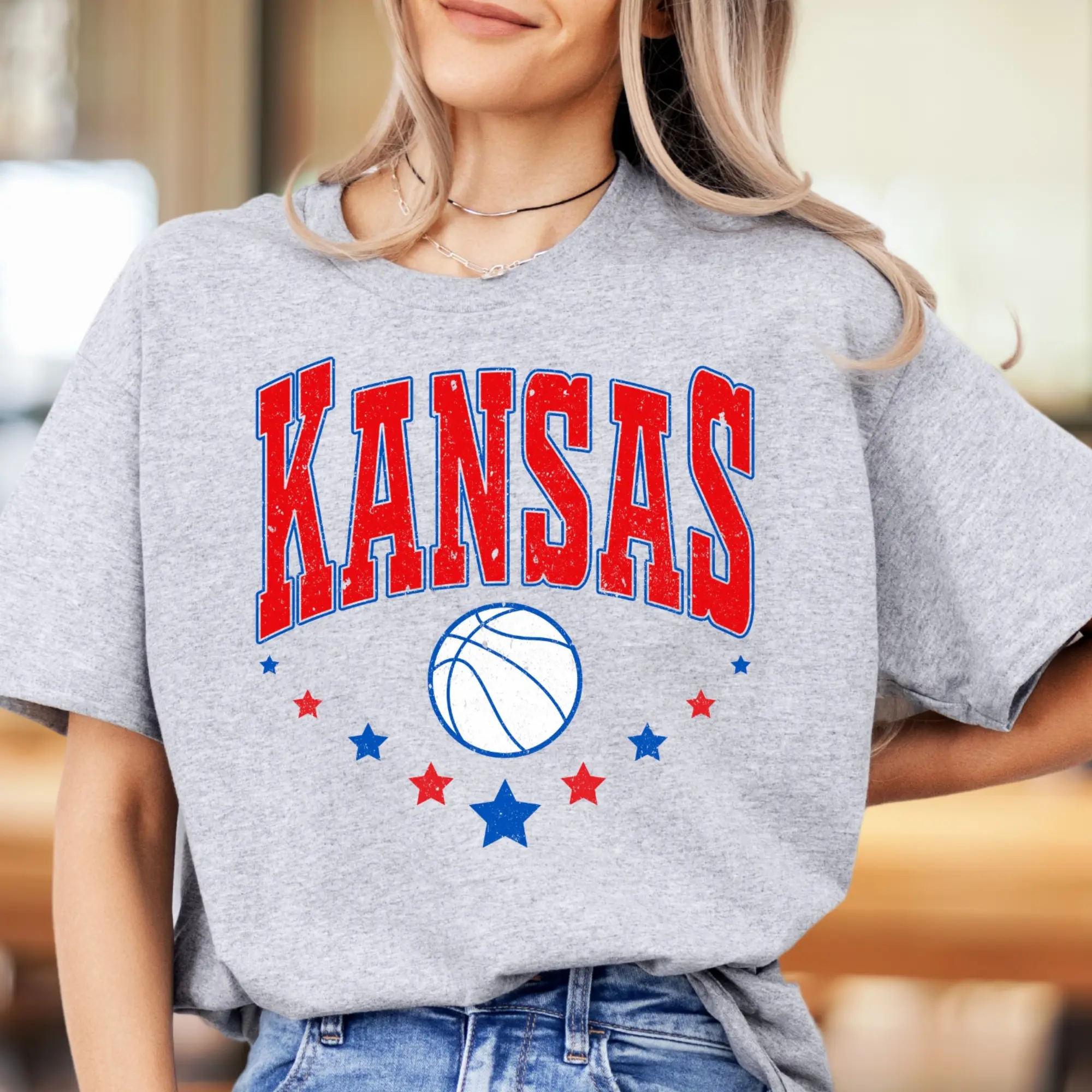Lady's Shortsleeve Round Neck Kansas Basketball Varsity Print Graphic T-Shirt - Slam Dunk Themed, Everyday Casual Collegiate Streetwear Top