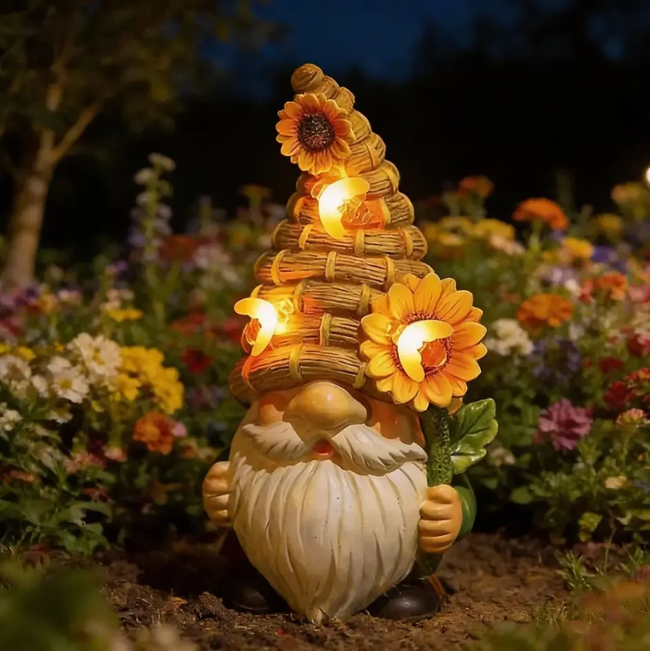 Solar Garden Gnome Statue Outdoor Decor - Resin Tomte Elf Figurine with Light-Up LED Sunflowers & Bees, Waterproof Bumblebee Festival Lawn Art Ornaments, Housewarming Birthday Gifts for Garden Lovers