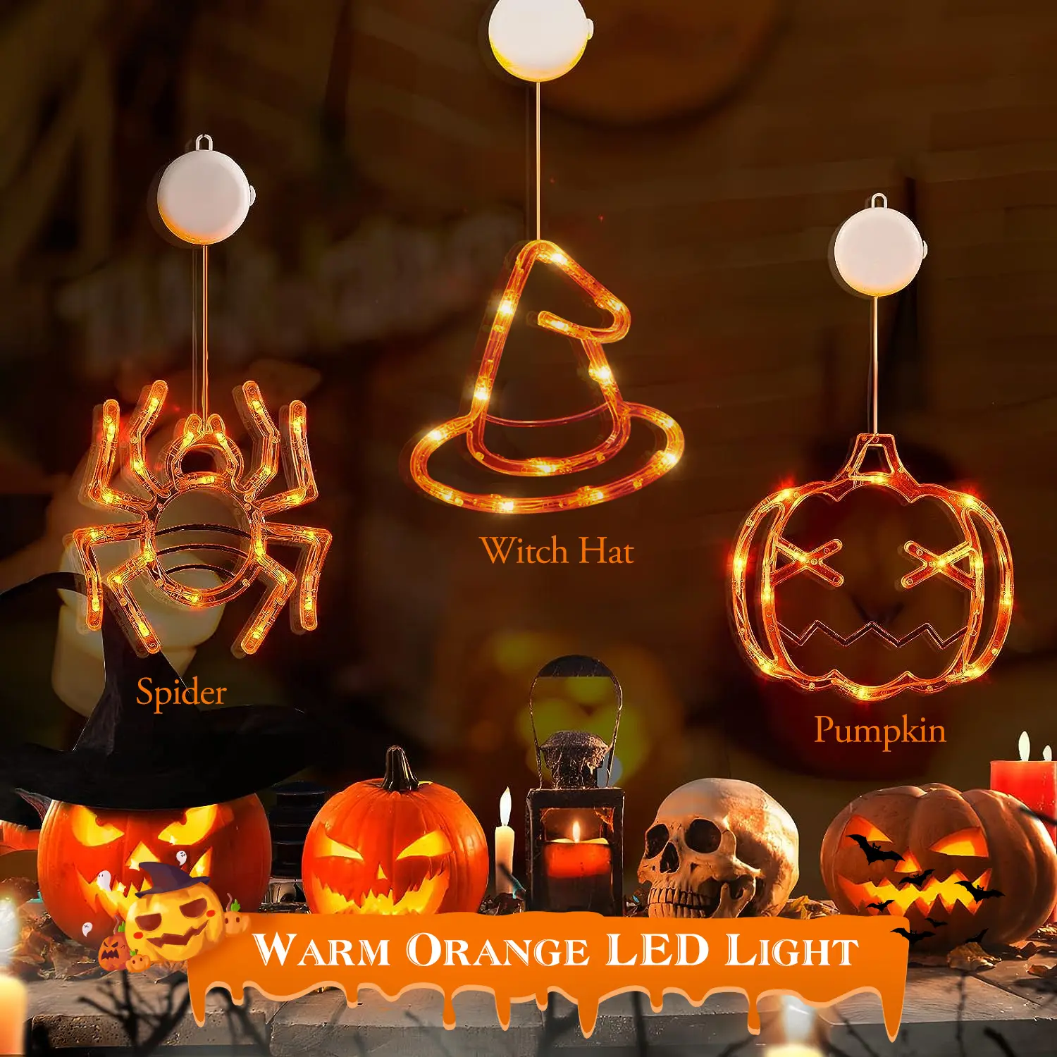 3 Pack Halloween Window Lights – Spooky Spider, Witch Hat, Pumpkin with Orange LED Lights, Suction Cups & Hanging Holes for Easy Decoration | Battery Operated