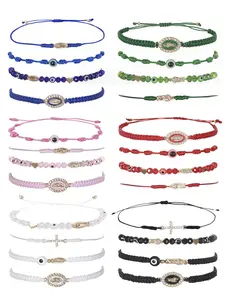 Women's Fashion Colorful Artificial Crystal & Rhinestone Decorated Braid Design Link Matching Bracelets, Heart Shape Beads Bracelets, Beaded Bracelet Set