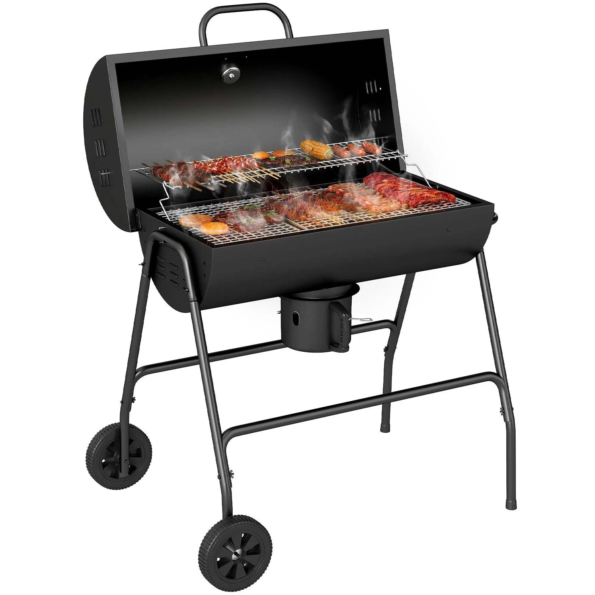 Outsunny Portable Steel Barrel Charcoal Grill - 420 sq.in. Cooking Area, Removable Parts, Built-in Thermometer, Outdoor Cooking Open Flame Grill, Barrel Smoker Charcoal Barbecues for Patio/Camping Backyard Setup, Black Kitchenware