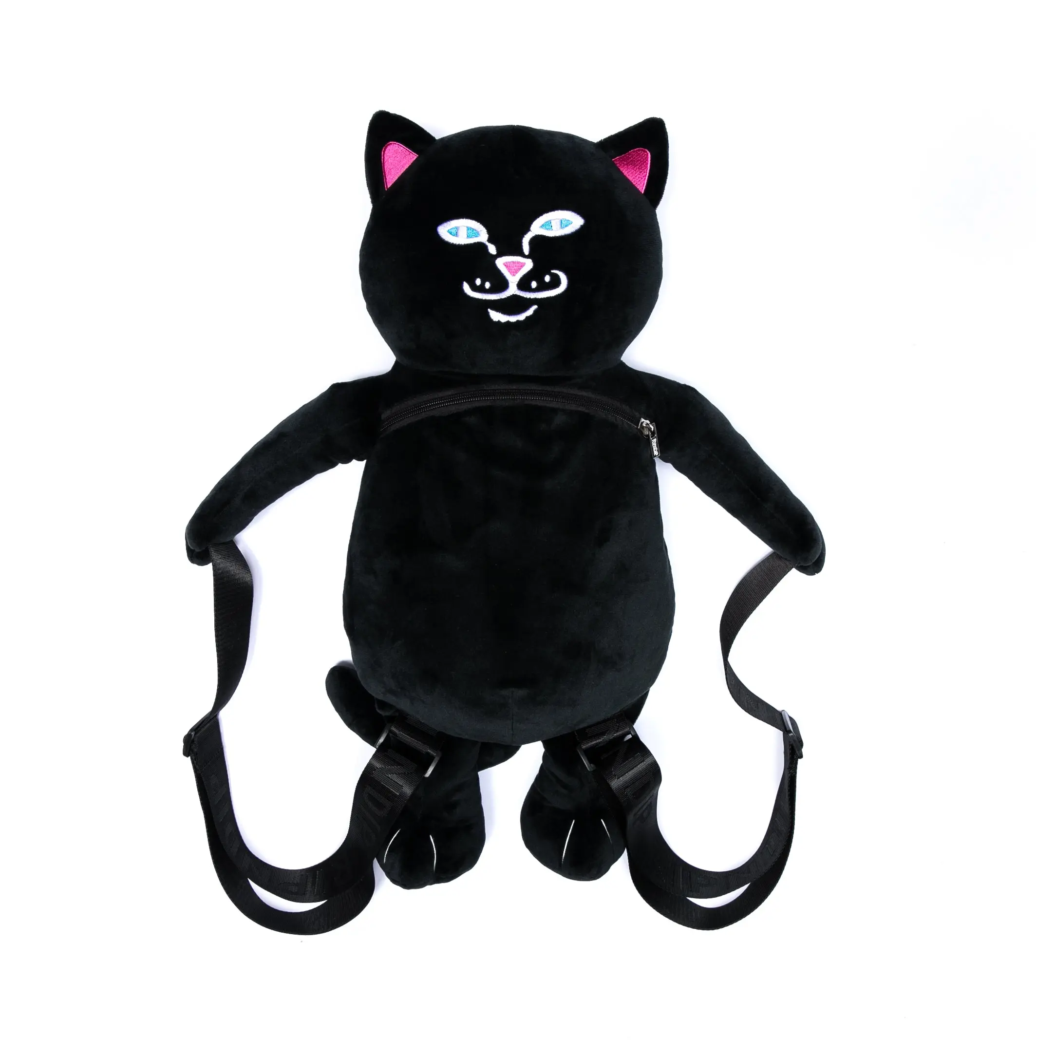 RIPNDIP Lord Jermal Plush Backpack - Black Casual Daypack with Embossed Straps, Front Zipper, Plush Fabric, Looks Like Jerm Is Riding on Your Back