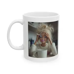 Funny Messy Hair Doll Coffee Mug, Relatable Morning Chaos Mug, Burnt Out Barbiecore Meme Cup, Tired Before Coffee Humor Mug, Gen Z Funny Novelty Coffee Gift
