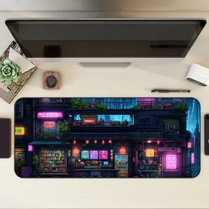 Cyberpunk Modern City, Ramen Shop Desk Mat, Neon Lights Desk Pad, Gaming Mousepad XL