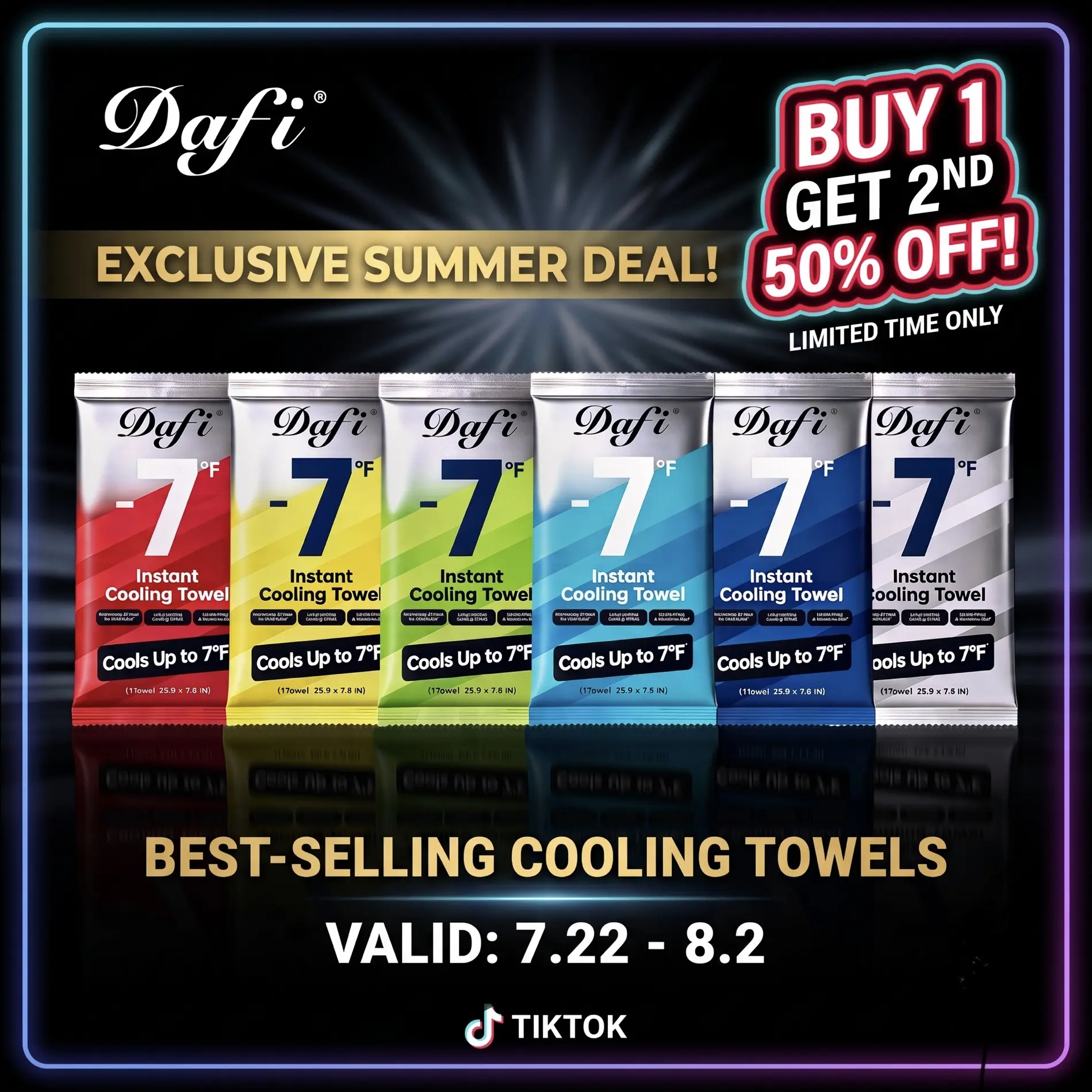 【Buy 1, 2nd item 50% off】【Summer Companion】DAFI Instant  Cooling Towel for Hot Yoga & Sport&Festival & Trail Running — Cools Up to 7°F, Extra-Long, 6 Color Mix