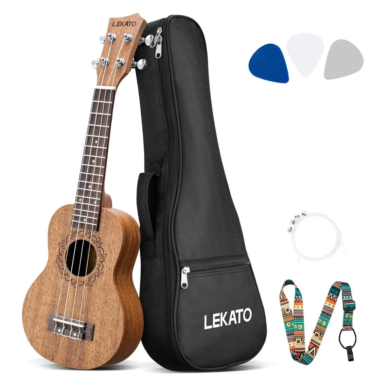LEKATO 21 Inch Soprano Ukulele for Beginners, Starter Kit Sapele Ukelele, Professional Hawaiian Guitar Uke for Adults Kids, with Gig Bag, Strap Nylon Strings, Picks