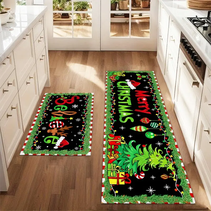 2Pcs Merry Christmas Christmas Tree Lights Floor Mat Set Farmhouse Decorative Rug Kitchen Rug Dining Room Flooring Laundry Room Decor Carpet Mat Kitchen Floor Rugs