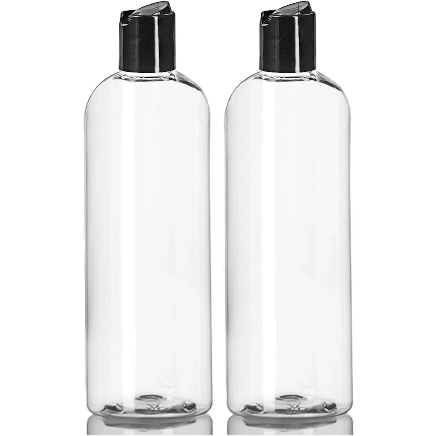 16 oz Clear Plastic Empty Bottles with Black Disc Top Caps, Squeezable Refillable Containers for Shampoo, Lotions, Cream and more Pack of 2, BPA Free, Made in USA