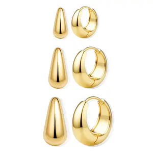 CASAIECA 3Pairs Hoop Earrings Set for Women 14K Gold Plated Chunky Earring Silver Plated Hypoallergenic Small Huggie Hoops Lightweight Tiny Thick Trendy Hoop Earrings Stacks for Multiple Piercing, Earring For Women, Chunky Hoops Summervibes