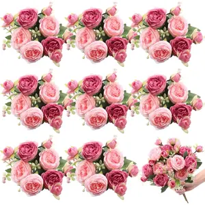 8 Bundles Artificial Peonies Flowers Boho Faux Flowers Arrangements Artificial Centerpiece Spring Bouquet Floral Wedding Decoration for Vase(Pink, Dark Pink)