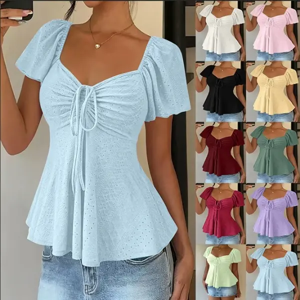 TUME Womens Summer V Neck Drawstring Tie Front Ruched Sexy Solid Color Short Sleeve T Shirts Top