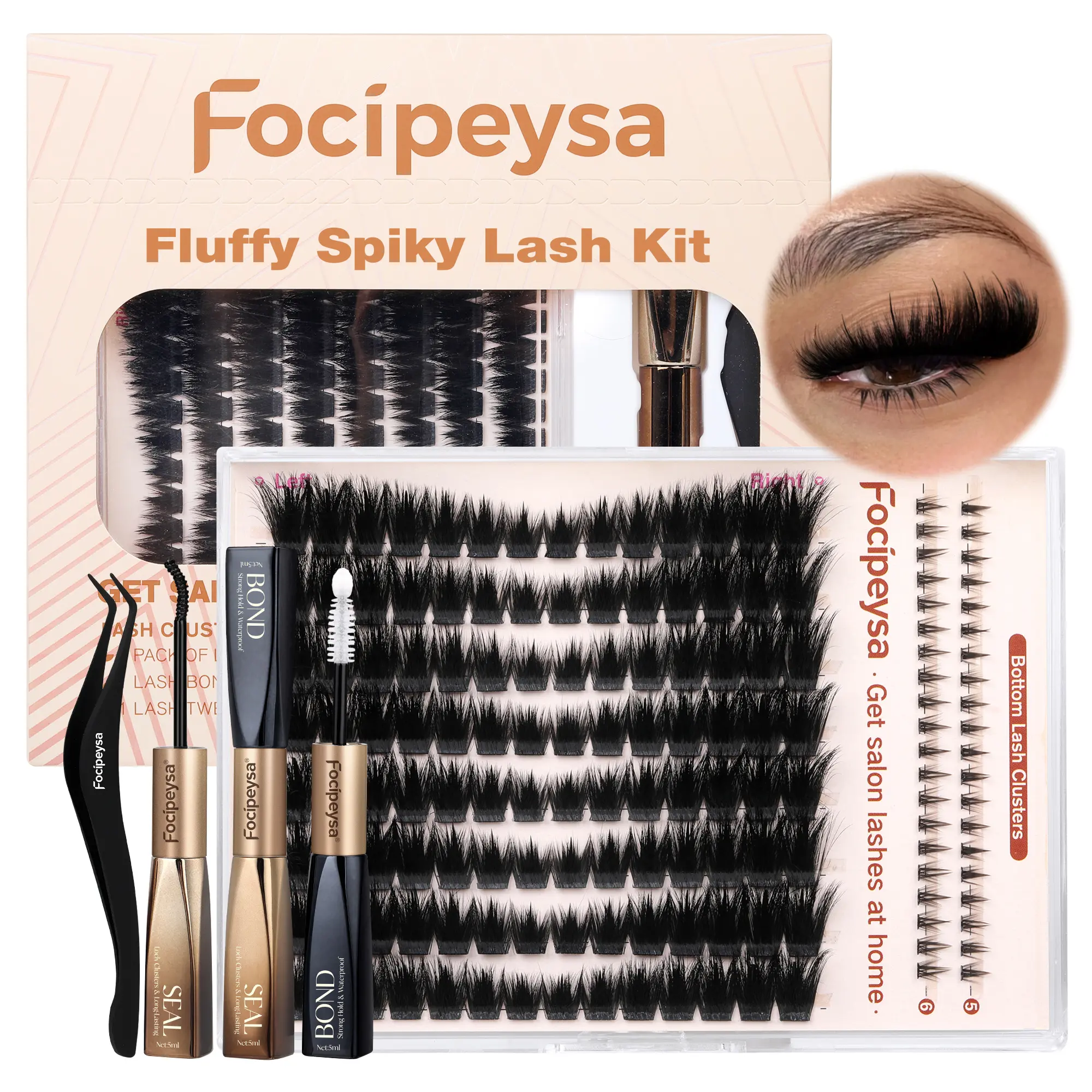 Focipeysa Fluffy Spiky Lash Clusters | Volume Pre-Mapped Fluffy L&R Eye Lash Clusters with Bottom Lashes  | Lash Kit with Bond and Seal, Tweezers | Waterproof, Timing-saving, Beiginner-friendly | Get Salon-quality at Home for Soft Glam, Baddie Makeup