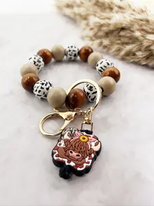 Cute Cow Pattern Beaded Wrist Keychain, Round Beads Design, Vibrant Colors, Comfortable Feel, Perfect Gift for Friends & Colleagues, Trendy Cute Keychain