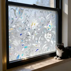 Privacy Window Film Static Cling Self Adhesive, Decorative Translucent Floral & Leaf Pattern, Iridescent Color Changing, PVC Material, Removable for Bathroom, Bedroom, Office