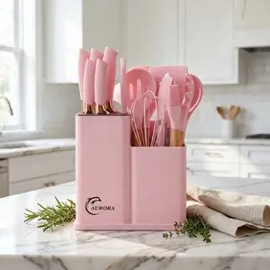 Practical and romantic   gift:19 piece set of kitchen knives with heat-resistant silicone tableware and wooden handle, including chef's knife,non stick pan and more kitchen utensils, fashionable white spoon non stick pan Cookware Stylish  Cooking Pans Set