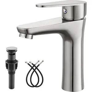 Faucet Single Handle 1 Hole SUS304 Stainless Deck Lavatory Single Switch Sink Faucet with Drain and Hot and Cold Mixer Brushed Nickle