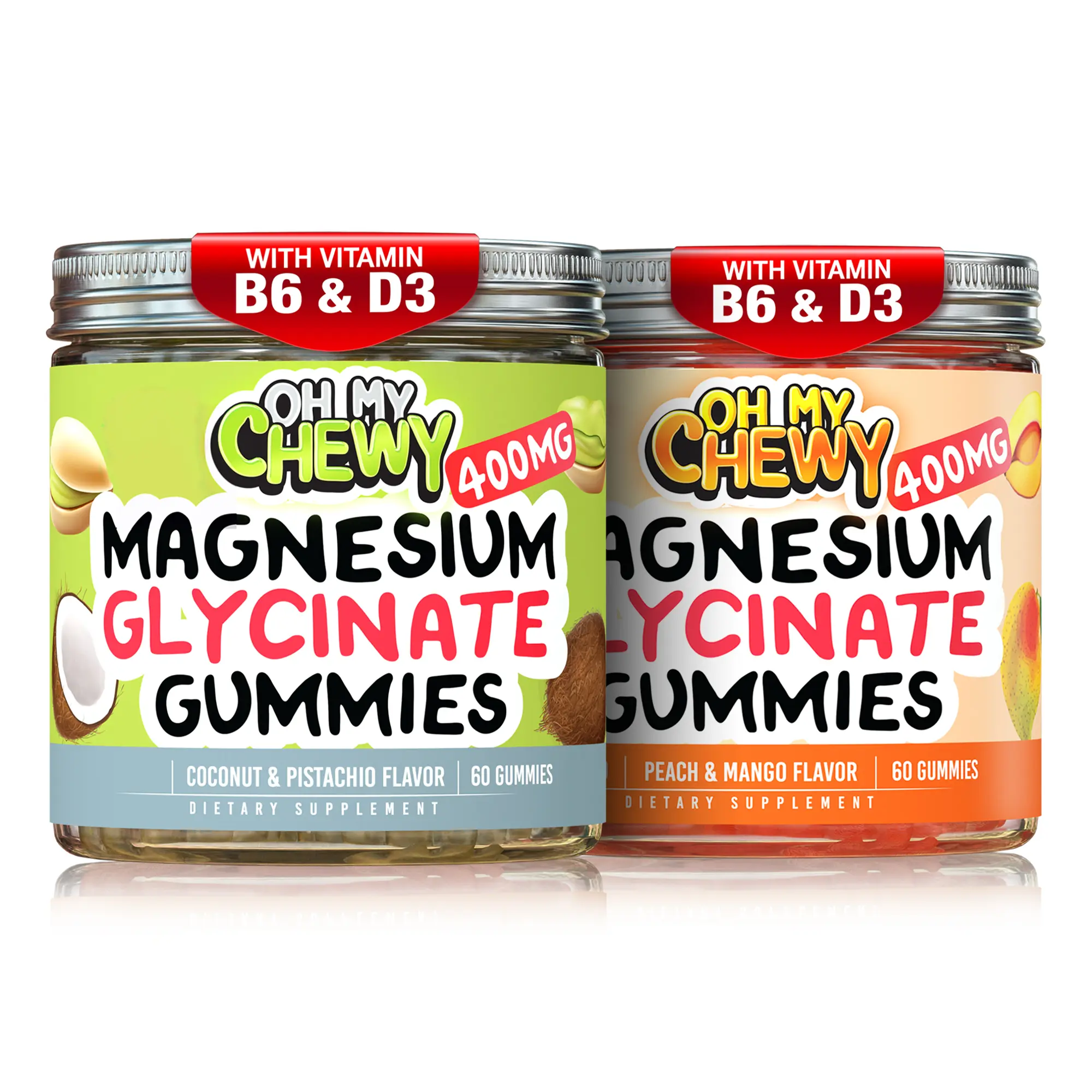 OH MY CHEWY Magnesium Glycinate Gummies Bundle – 2 Bottles (60 Each) – Coconut Pistachio & Peach Mango Healthy Snacks