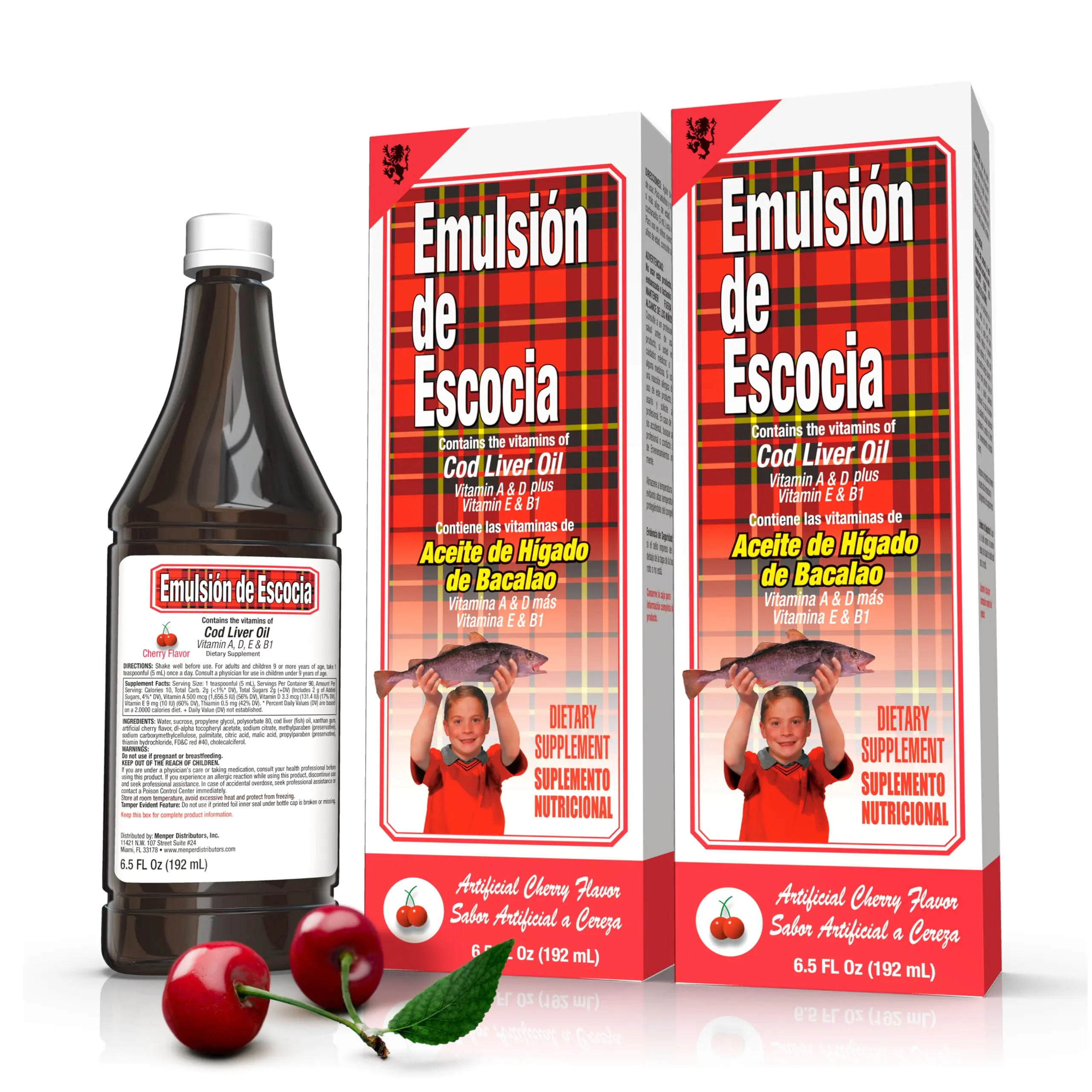 Emulsión De Escocia: Cherry Cod Liver Oil For Immune Support - Vitamins A, D, E, B1 & Omega-3 - Dietary Supplement 2-Pack, Natural Supplements, Brain